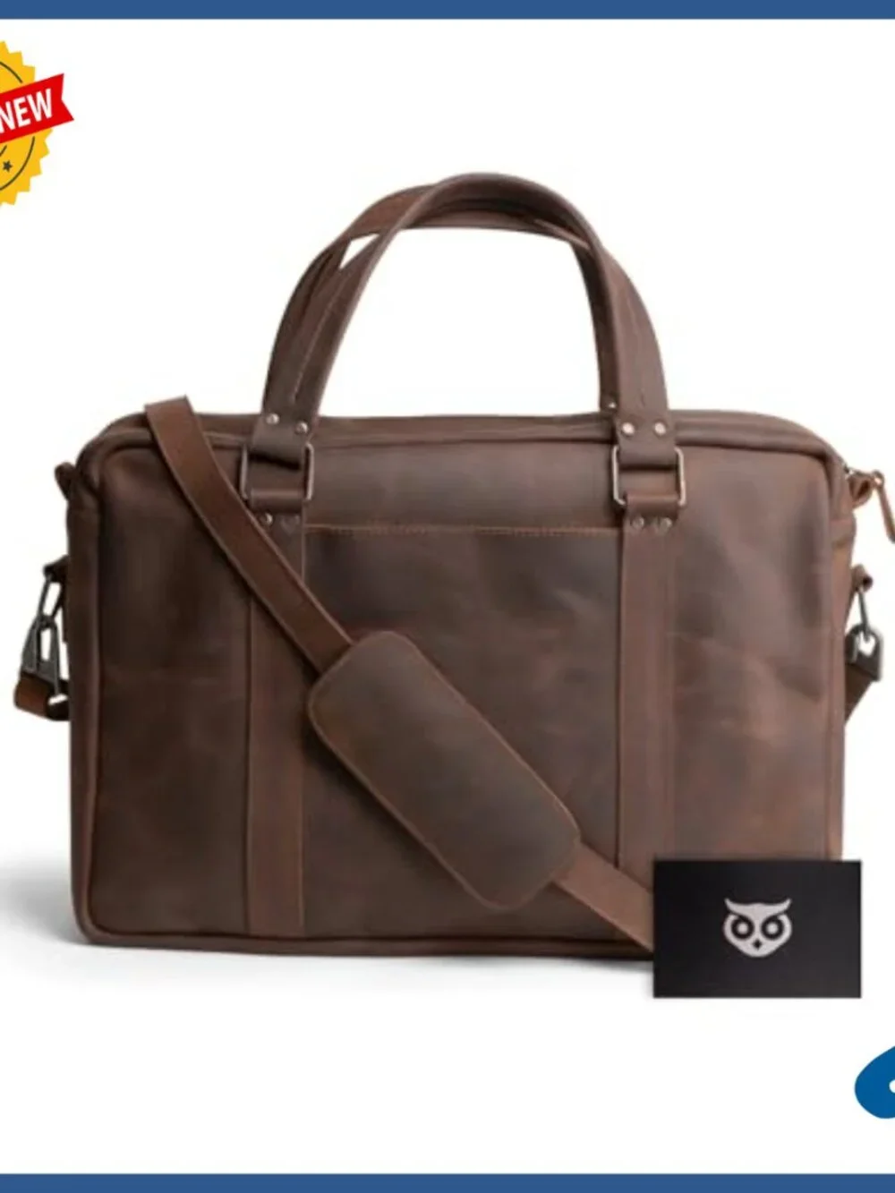 Full Grain Leather Laptop Briefcase with Shoulder Strap for Work